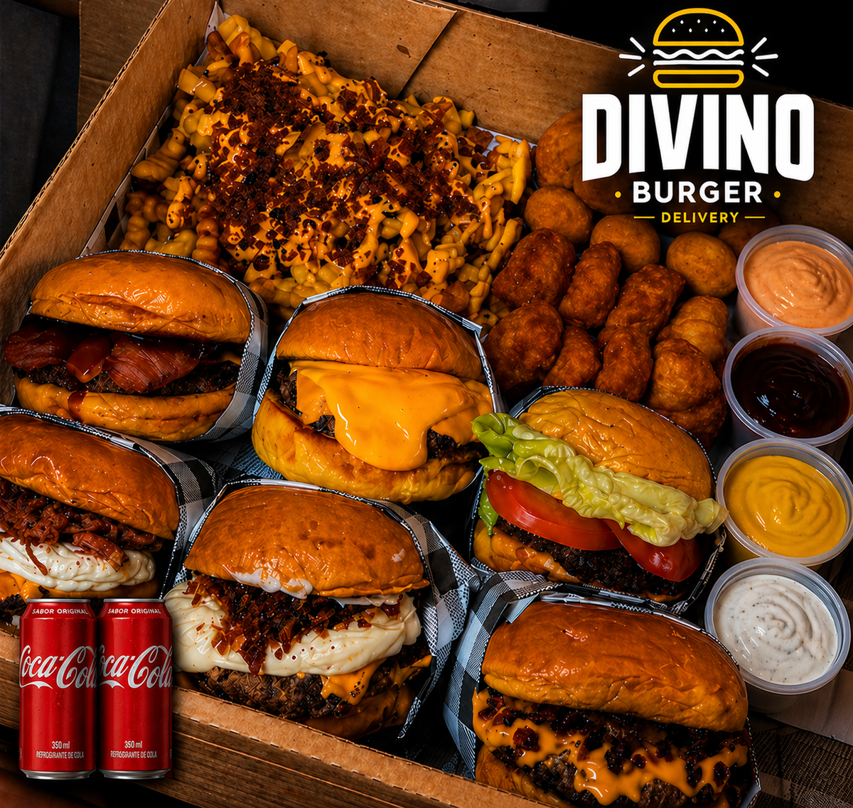 RODÍZIO EM CASA - 6x Hambúrgueres + 500g de Fritas + 500g Nuggets + 2X Coca-Cola 2L + 4 Molhos Especiais