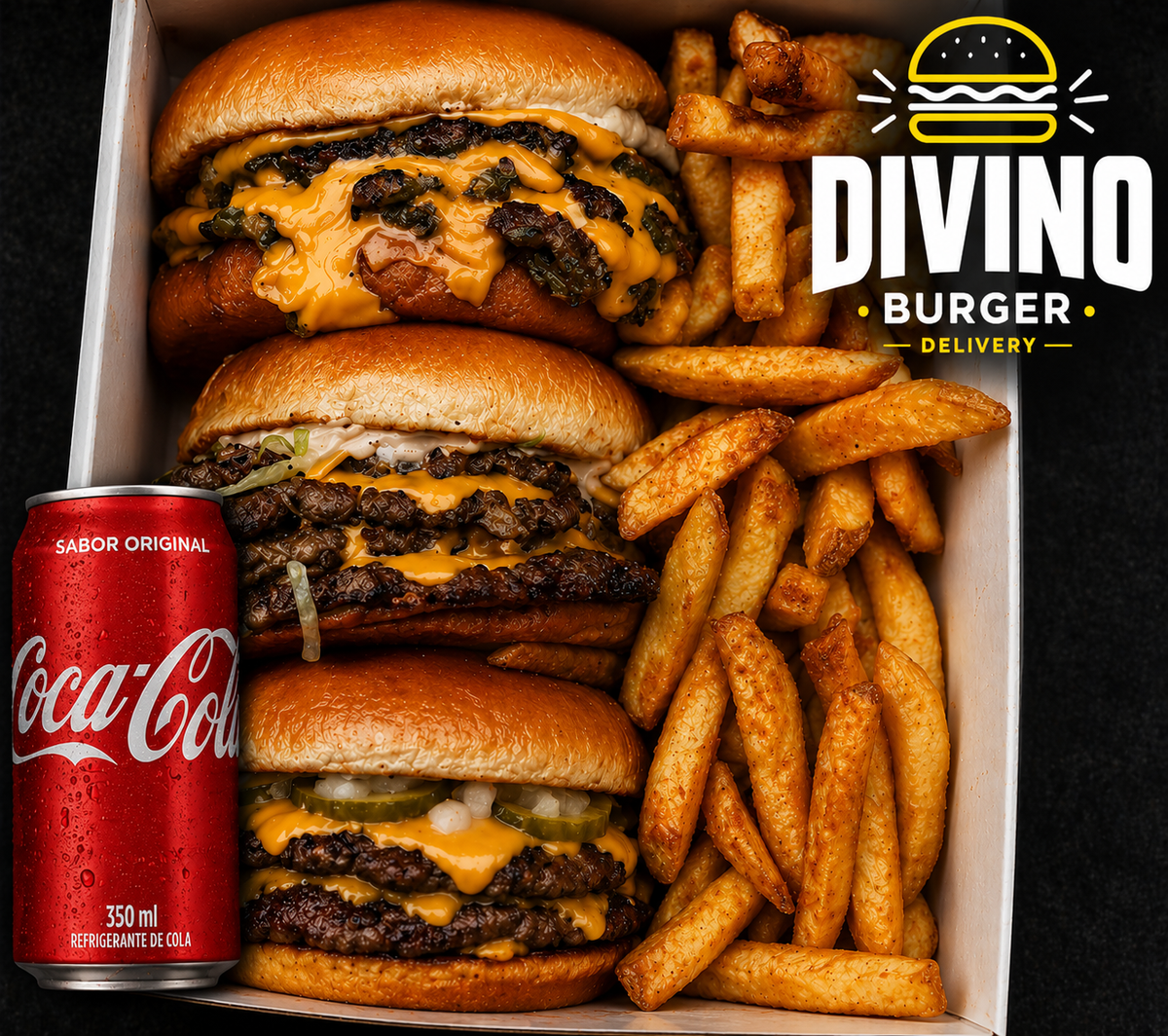 COMBO Trio Smash - 3X Classic Smash Burguer + 500g Fritas + Coca-Cola 2L