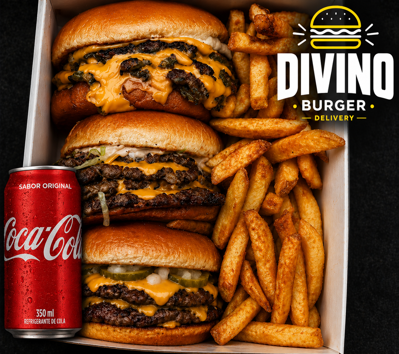 COMBO Trio Smash - 3X Classic Smash Burguer + 500g Fritas + Coca-Cola 2L